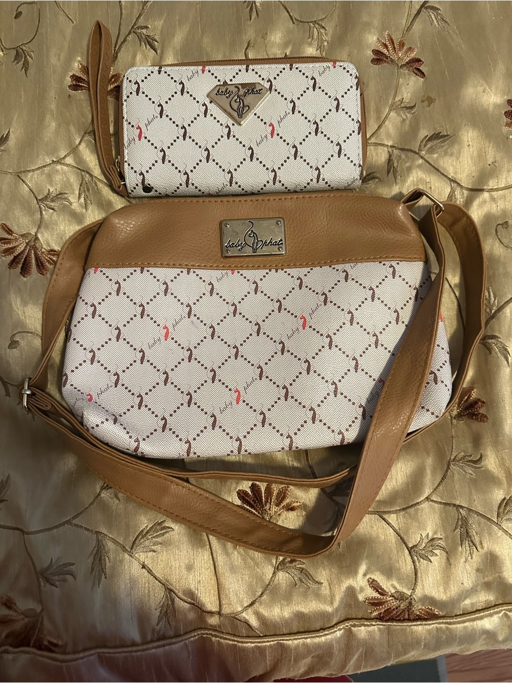Baby Phat White and Tan Crossbody Shoulder Bag with Matching Wallet